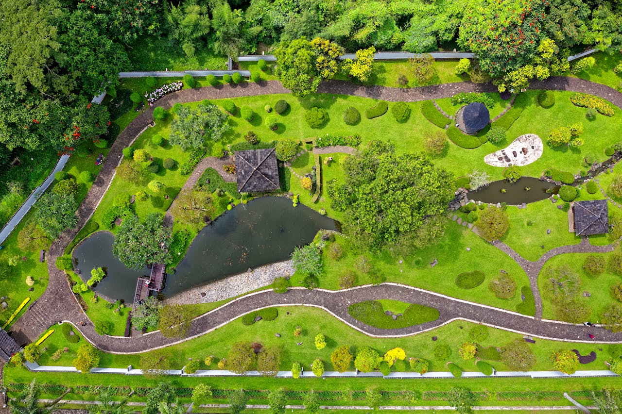 process-img Stunning aerial shot capturing a lush garden with pathways, ponds, and vibrant greens.